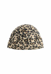 Tämä on leopardo-kuvioinen fleece-hattu, jossa on pyöristetty kruunu ja taitettu käsivarsi. Hattu on beige, jossa on mustia ja ruskeita sydämen muotoisia kuvioita.