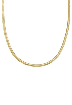 Collana in metallo placcato oro con un design liscio e arrotondato, dotata di una superficie flessibile e testurizzata, adatta sia per abbigliamento casual che formale.
