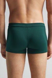 Bóxer verde para hombres visto desde atrás. Presenta una tela suave y elástica con un diseño ajustado y una cinturilla.