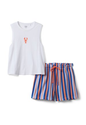 White sleeveless top with orange lobster print paired with blue, orange, and white vertically striped shorts with drawstring waist.