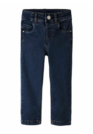 Jean en denim bleu foncé avec bouton à l'avant, passants de ceinture et poches, conçu pour les tout-petits ou jeunes enfants.