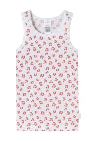 Organic cotton tank top in white with a pink abstract pattern, featuring a round neckline and sleeveless design. Soft texture and standard fit.