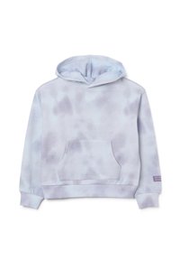 Un sweat à capuche tie-dye violet clair et bleu avec une poche kangourou à l'avant et des poignets côtelés, arborant une petite étiquette rectangulaire sur la manche gauche.