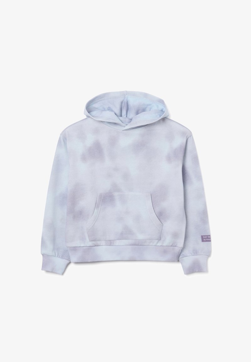 Felpa con cappuccio tie-dye in lilla e blu chiaro, dotata di una tasca a marsupio frontale e polsini a costine, con una piccola toppa rettangolare sulla manica sinistra.