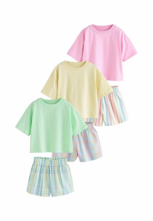 Three sets of children's short-sleeve tops in pink, yellow, and mint paired with elastic waist shorts in pastel stripes and plaid patterns.
