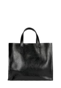 Borsa tote nera in pelle con due manici, forma rettangolare, texture liscia e design minimalista. Senza hardware o decorazioni visibili.