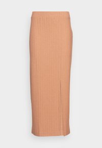 Ribbad knälång kjol i mjuk persikofärgad tyg med en sidoklaff. Har en slät elastisk midja för komfort och en figurnära silhuett.