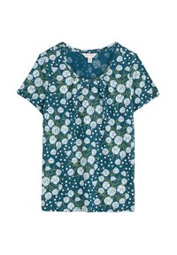 Krátký rukáv květinové tričko v barvě teal s bílými a zelenými květinovými vzory. Měkká tkanina s kulatým výstřihem a volným střihem.