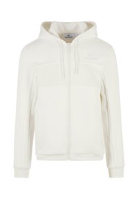 Felpa bianca con zip, dotata di un pannello testurizzato, cappuccio regolabile con coulisse e polsini a coste. Realizzata in tessuto morbido e traspirante.