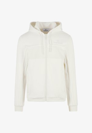 Bílá zipová mikina s texturovaným panelem, vybavená kapucí na šňůrku a žebrovanými manžetami. Vyrobena z měkkého, prodyšného materiálu.