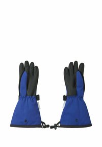 Niemodne, wodoodporne rękawice z czarnymi gumowymi dłońmi i niebieskimi materiałowymi mankietami, z regulowanymi paskami i elastycznymi otworami zapewniającymi pewne dopasowanie.