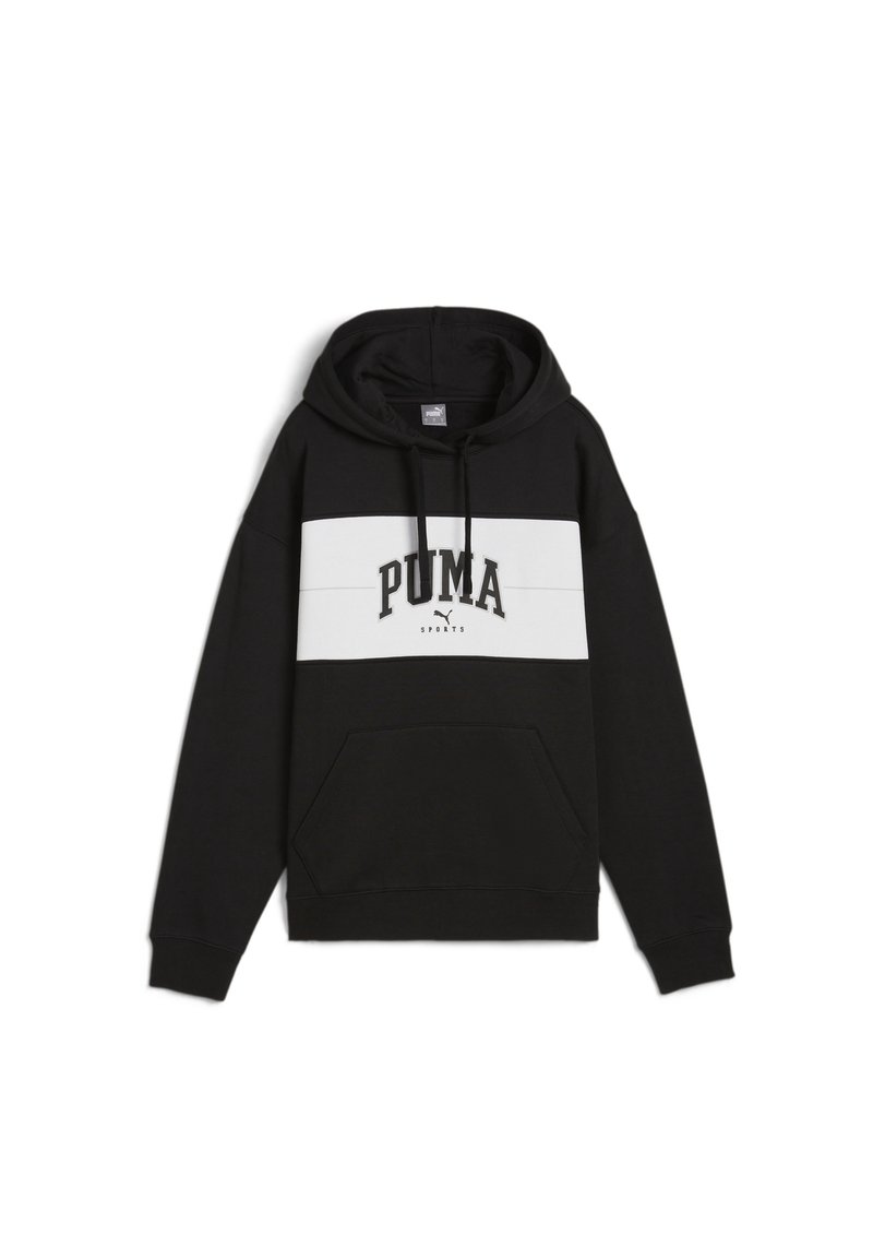 Hoodie nera con striscia orizzontale bianca, caratterizzata dal logo "PUMA" e la scritta "SPORTS" sottostante. Realizzato in tessuto morbido, dotato di tasca frontale e cappuccio regolabile.