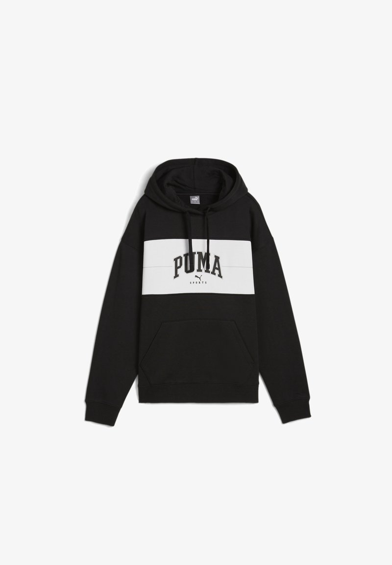 Black hoodie with white horizontal stripe, featuring "PUMA" logo and "SPORTS" underneath. Made of soft fabric with front pocket and adjustable hood.