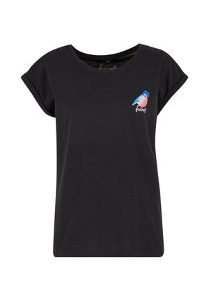 Czarna koszulka z krótkimi, podwiniętymi rękawami, z kolorową grafiką ptaka na piersi. Wykonana z bawełny, o luźnym kroju.