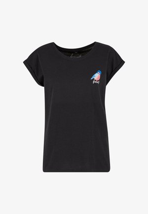 Black T-shirt with short rolled sleeves, featuring a colorful bird graphic on the chest. Cotton material with a relaxed fit.