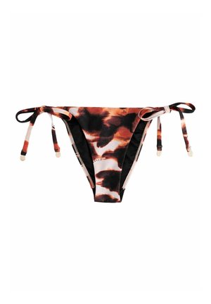 Bikinibroekje met een strikontwerp. Heeft een zwarte basis met een kleurrijk, abstracte patroon in tinten oranje en bruin. Zachte textuur.