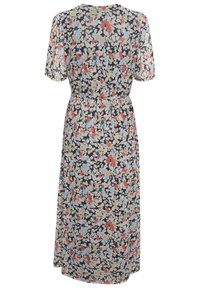 Vestido midaxi floral con mangas cortas, cintura elástica, fondo negro y patrón floral pequeño multicolor en rojo, azul y amarillo.