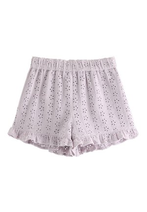 Lavendel bomuldsshorts med hulmønster blomst broderi, elastisk talje og flæsekant.