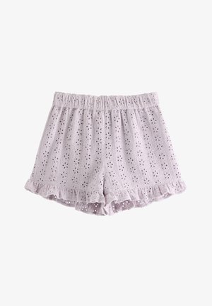 Lavendel bomuldsshorts med hulmønster blomst broderi, elastisk talje og flæsekant.