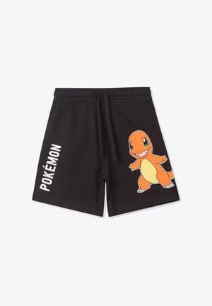 Czarne szorty wykonane z bawełny, z elastycznym pasem i sznurkiem do regulacji. Posiadają dużą pomarańczową grafikę postaci Pokémon oraz biały napis.
