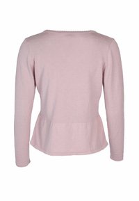 Langärmliges, hellrosa Oberteil mit rundem Halsausschnitt, strukturiertem Stoff und einem Peplum-Design an der Taille für zusätzliche Form.