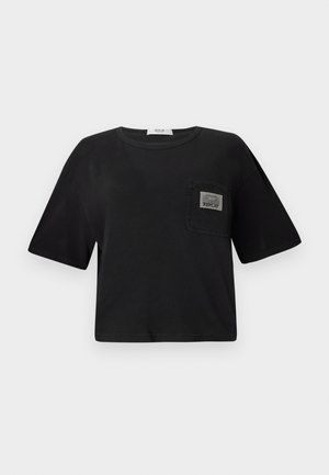 Zwarte cropped t-shirt van katoen, met een ronde halslijn en korte mouwen. Inclusief een opgestikte pocket met een "REPLAY" label.