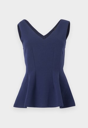 Μπλε σκούρο μπλουζάκι χωρίς μανίκια με peplum, λαιμόκοψη σε σχήμα V και εφαρμοστή μέση, κατασκευασμένο από λεία, ελαφρώς ελαστική ύφανση.