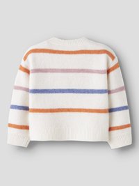Baltas megztinis su horizontaliomis juostelėmis oranžinės, violetinės ir šviesiai rožinės spalvų. Ribotas apvadas ir rankogaliai, apvalus kaklas, minkšta tekstūra.