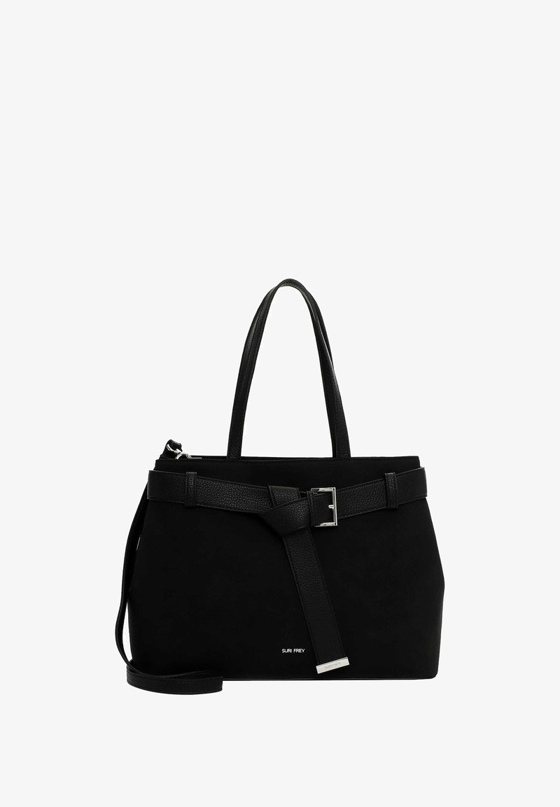 Svart tote-väska med en texturerad mocka-yta, som har dubbla handtag, en avtagbar rem och ett accentbälte med detaljer i silverfärgad spänne.