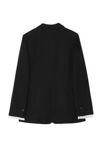 Black blazer with a smooth texture. Tailored design featuring a notched lapel, two buttons, and white cuffs peeking out from the sleeves.
