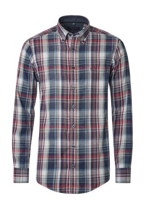 Long-sleeve plaid shirt made of cotton; features blue, red, gray, and cream stripes; button-down collar, chest pocket, and rounded hem.