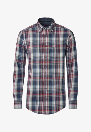 Langärmeliges Karohemd aus Baumwolle; mit blauen, roten, grauen und cremefarbenen Streifen; Button-Down-Kragen, Brusttasche und abgerundeter Saum.