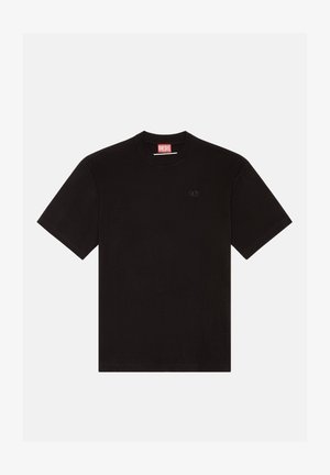 Black cotton t-shirt with short sleeves, crew neckline, and a small embossed logo on the chest. Red branded tag at the neckline.