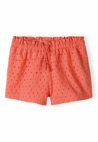 Korallfärgade bomullsshorts med ett texturerat mönster som har små lufthål. Elastisk midja med dragsko och fransdetalj.