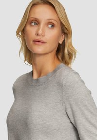 Lichtgrijze trui met ronde hals, gemaakt van zachte gebreide stof. Beschikt over ingesloten mouwen en een gladde textuur met minimale details.