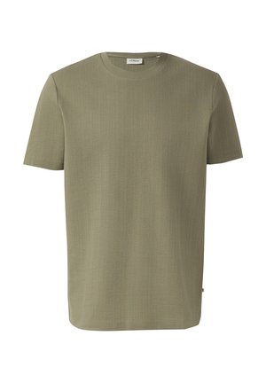 Gładka oliwkowo-zielona koszulka z krótkim rękawem i okrągłym dekoltem, wykonana z delikatnie fakturowanej tkaniny, z małą metką marki wewnątrz kołnierza.