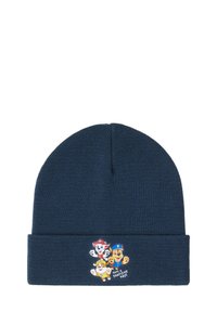 Berretto in maglia blu navy con risvolto e una grafica di tre cani in stile cartone animato con il testo "Buona giornata a quattro zampe!" sul davanti.