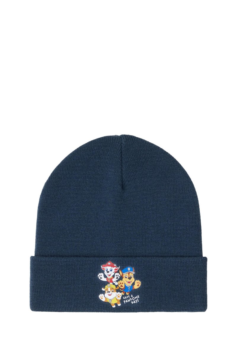 Berretto in maglia blu navy con risvolto e una grafica di tre cani in stile cartone animato con il testo "Buona giornata a quattro zampe!" sul davanti.