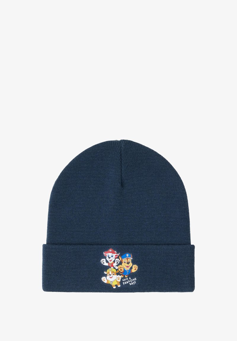 Berretto in maglia blu navy con risvolto e una grafica di tre cani in stile cartone animato con il testo "Buona giornata a quattro zampe!" sul davanti.