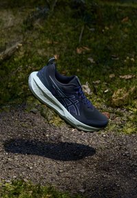 Arhiviline jooksuuss, millel on tumehall võrkmaterjal, lillad aktsendid, pehmendustega tallad ja tekstureeritud valge vahepool, kuvatud õhus.