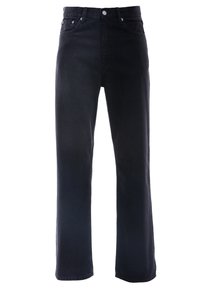 Pantalones vaqueros de mezclilla negra con un diseño de pierna recta, estilo de cinco bolsillos y acentos de metal. La tela presenta una textura suave y mate.