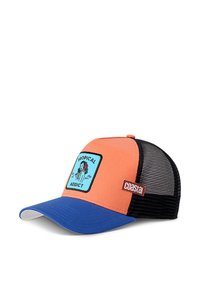 Trucker cap with an orange front, blue visor, and black mesh back. Features a square patch with “TROPICAL ADDICT” and a design illustration.