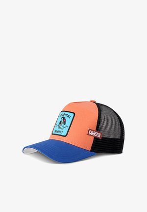 Trucker cap with an orange front, blue visor, and black mesh back. Features a square patch with “TROPICAL ADDICT” and a design illustration.