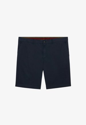 Pantaloni corti in cotone blu navy con chiusura a bottone, due tasche laterali e una cintura interna a righe rosse e gialle in contrasto.