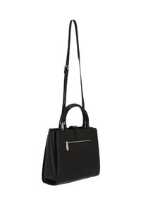 Fekete műbőr táska dupla füllel, állítható vállpánttal, elülső cipzáras zsebbel és merev, téglalap alakú formával.