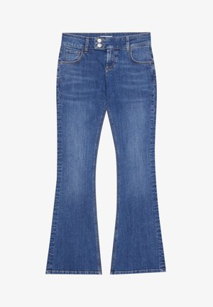 Jeans a zampa d'elefante blu in denim. Presentano due tasche frontali, chiusura a due bottoni e un classico design a cinque tasche.