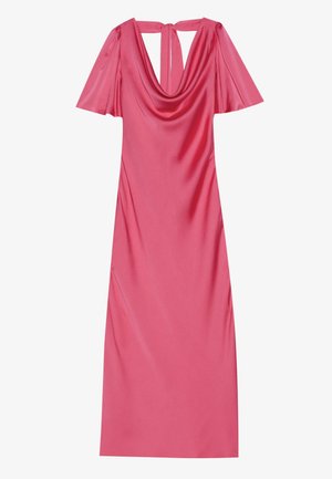 Pink satin dress with a draped neckline, short flutter sleeves, and a keyhole back design. Smooth texture with a fitted silhouette.