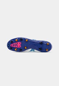 Blue and white soccer cleat sole with six black studs, two orange accents, and a pink hexagonal design element in the center.