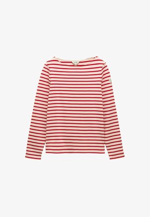 Dlhý rukáv pruhované tričko s červenými a bielymi vodorovnými pruhmi, lodičkovým výstrihom a malým logom na ľavom rukáve.