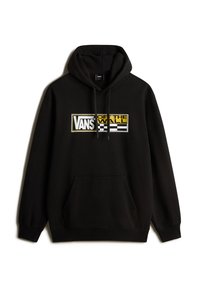 Zwarte hoodie van een katoenmix, met een voorzak. Grafisch ontwerp met "VANS" in wit en geel, met een geblokt patroon.